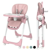 Sejoy 4 Wheels Baby High Chair for Toddlers, Foldable High Chair with Adjustable Seat Heigh, Pink