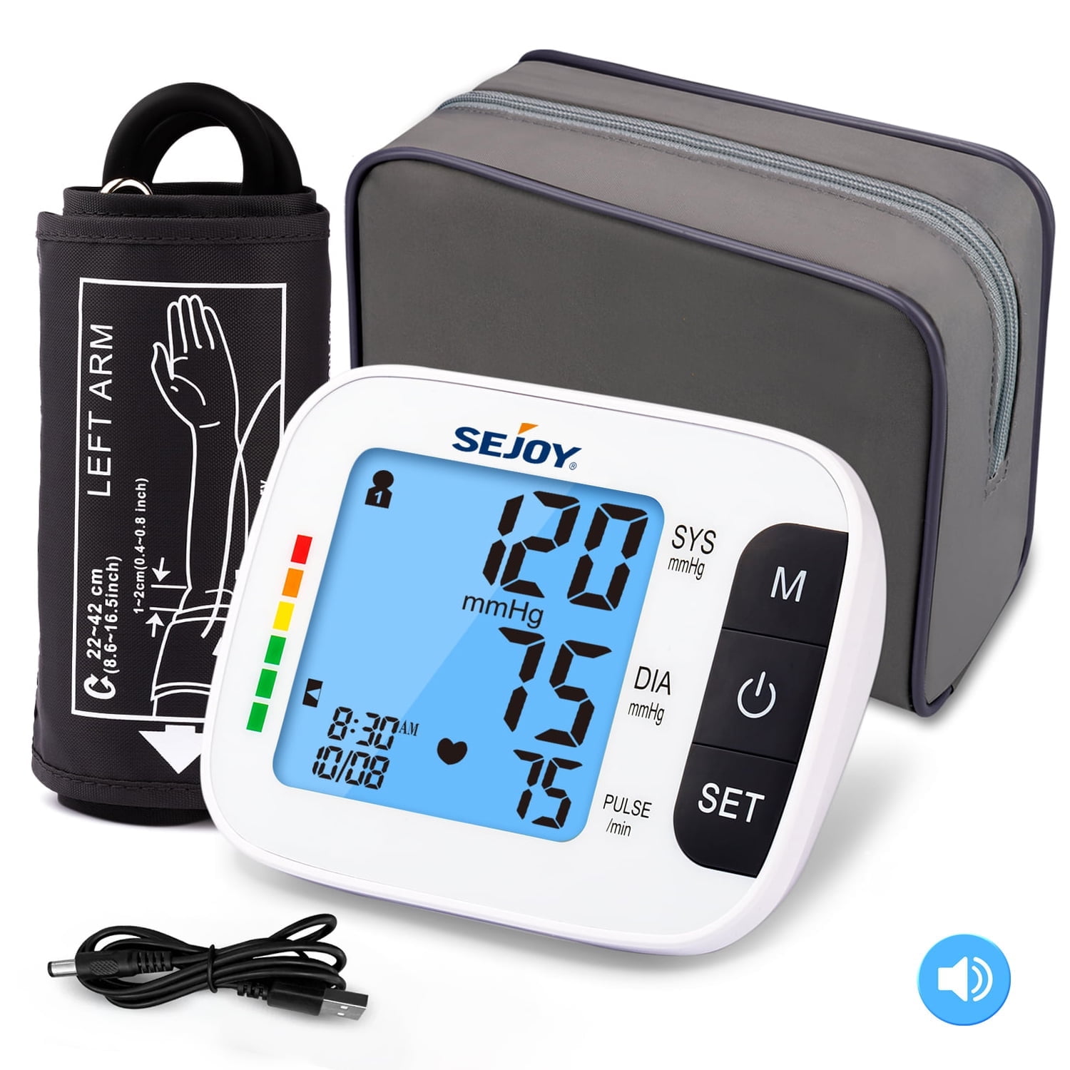 Sejoy Blood Pressure Monitor Upper Arm, Automatic Digital BP Machine for Home Use, Large Adjustable Cuff, Backlit Display, Voice Broadcast with USB cable