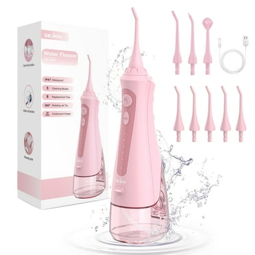 Sejoy Cordless Water Flosser, Dental Oral Irrigator, 230ML Portable Rechargeable Waterproof Teeth Cleaner for Home and Travel, 5 Modes, 8 Jet Tips, Pink