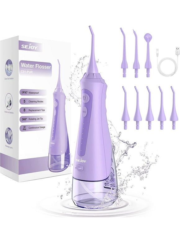 Sejoy Cordless Water Flosser, Dental Oral Irrigator, 230ML Portable Rechargeable Waterproof Teeth Cleaner for Home and Travel, 5 Modes, 8 Jet Tips, Purple