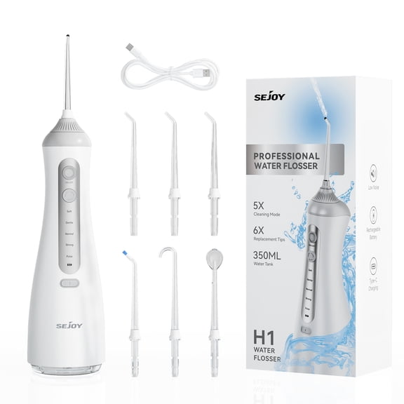 Sejoy Cordless Water Flosser Dental Teeth Cleaner with 6 Jet Tips, Professional 350ML Tank Rechargeable IPX7 Waterproof Dental Oral Irrigator for Home and Travel  white