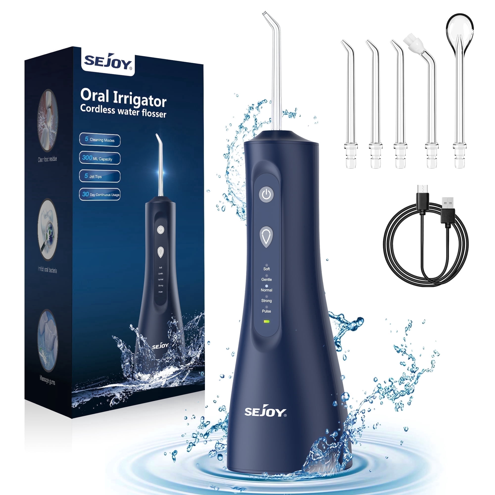 Sejoy Cordless Water Flosser Dental Teeth Cleaner, Portable 300ml Tank Oral Irrigator, 5 Modes, 5 Jet Tips