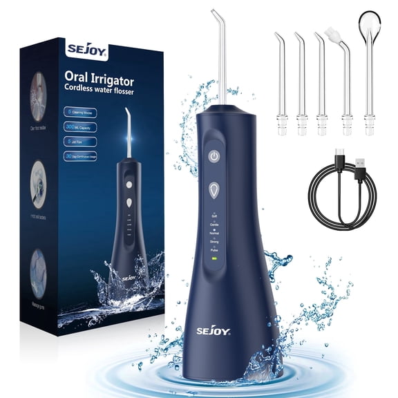 Sejoy Cordless Water Flosser Dental Teeth Cleaner, Portable 300ml Tank Oral Irrigator, 5 Modes, 5 Jet Tips