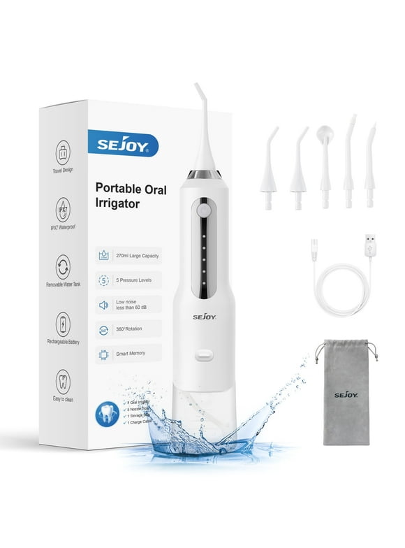 Sejoy Cordless Water Flosser Dental Teeth Cleaner, Professional 270ML Tank USB Rechargeable Dental Oral Irrigator for Home and Travel, 5 Modes 5 Jet Tips, IPX7 Waterproof, Easy-to-Clean,White