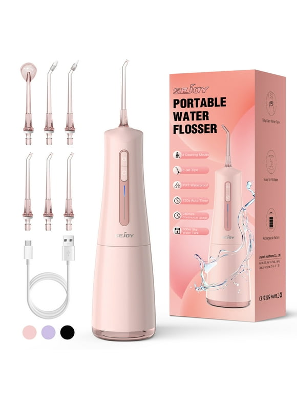 Sejoy Cordless Water Flosser, Professional Dental Teeth Cleaner, 300mL Tank USB Rechargeable Dental Oral Irrigator for Home and Travel, Pink