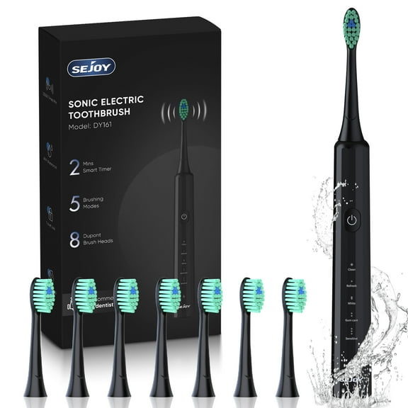 Sejoy Electric Toothbrush with 8 Brush Heads, Sonic Rechargeable Electric Tooth Brush for Adults and Kids,High Power, 5 Modes,Smart Timer for Home Travel, Gift,Black
