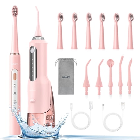 Sejoy Electric Toothbrush & Water Flosser Combo Set - 3 Brushing Modes with 7 Brush Heads & 5 Flossing Modes with 5 Jet Tips | 30-Day Battery Life | Teeth Whitening & Gum Care | Pink