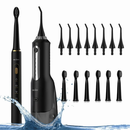 Sejoy Electric Toothbrush & Water Flosser Combo Set - 3 Brushing Modes with 7 Brush Heads & 5 Flossing Modes with 8 Jet Tips | 30-Day Battery Life | Teeth Whitening & Gum Care | Black