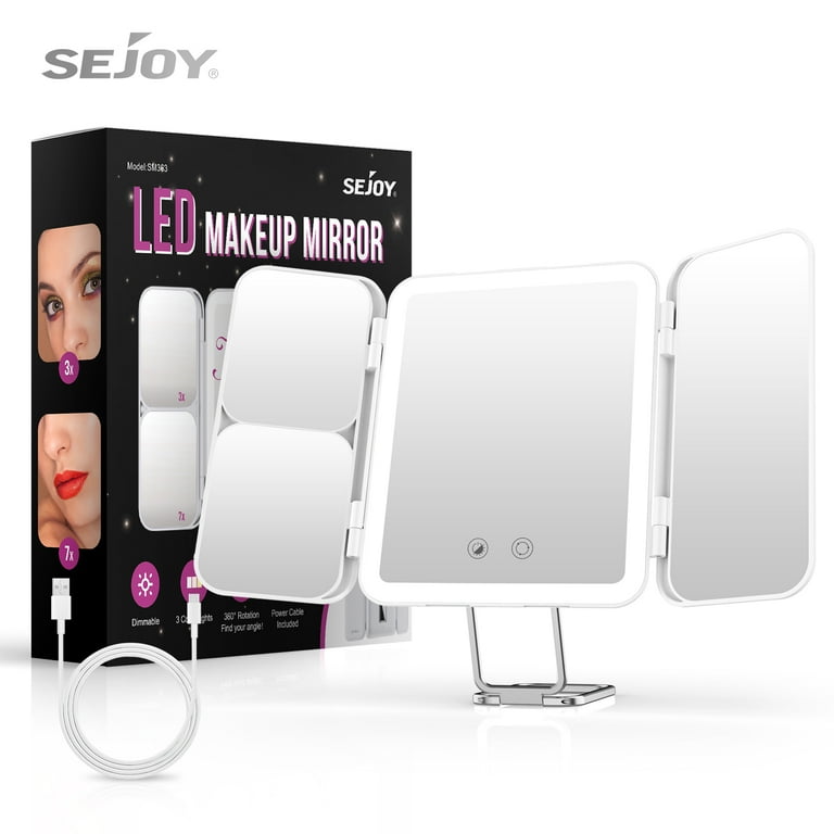 Sejoy LED Portable Makeup Mirror with 3 Colors Lights 1X 3X 7X Magnification Rechargeable Travel Trifold Mirror Touch Control White