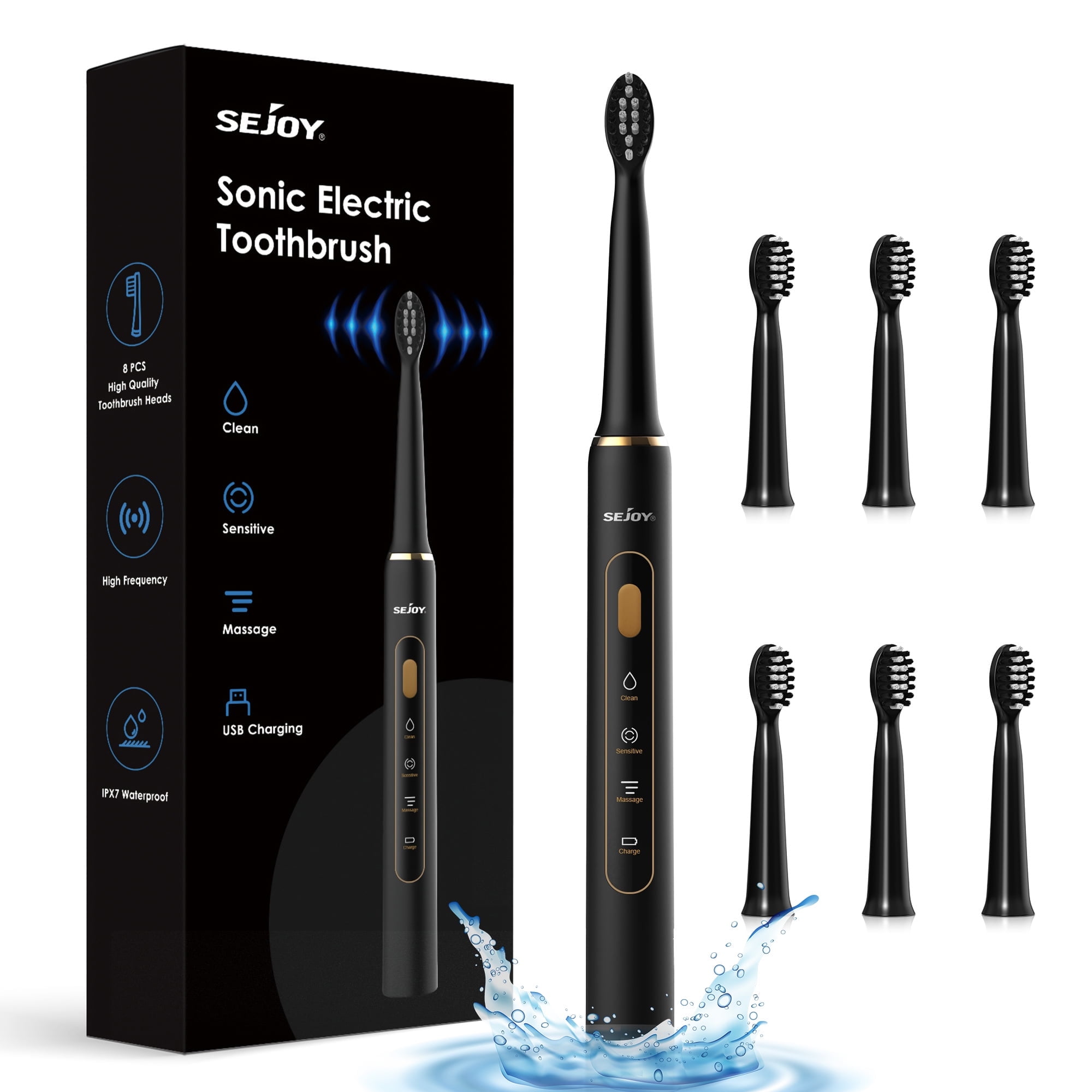 Sejoy Rechargeable Toothbrush Electric with 7 Tooth Heads,for Adults and Kids,Power Sonic Tooth Brush Soft Cleaning,3 Modes ,Smart Timer for Home Travel,Gift,Black