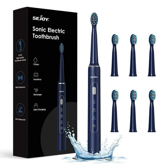 Sejoy Rechargeable Toothbrush Electric with 7 Tooth Heads,for Adults and Kids,Power Sonic Tooth Brush Soft Cleaning,3 Modes ,Smart Timer for Home Travel,Gift,Navy