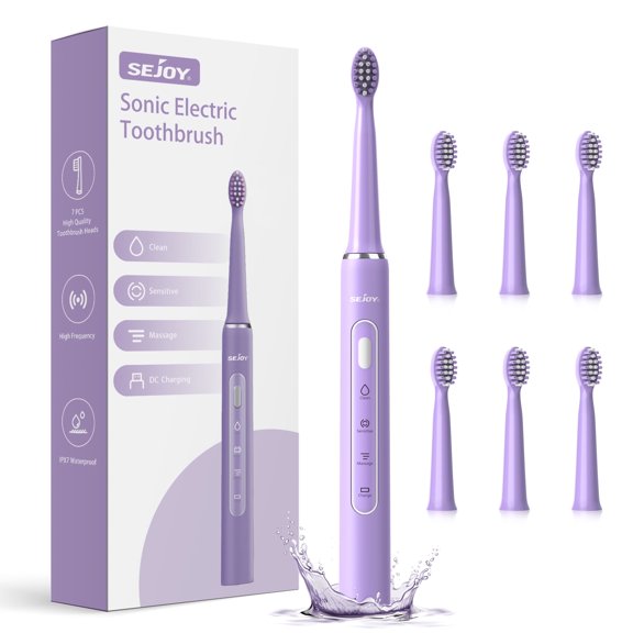 Sejoy Rechargeable Toothbrush Electric with 7 Tooth Heads,for Adults and Kids,Power Sonic Tooth Brush Soft Cleaning,3 Modes ,Smart Timer for Home Travel,Gift,Purple