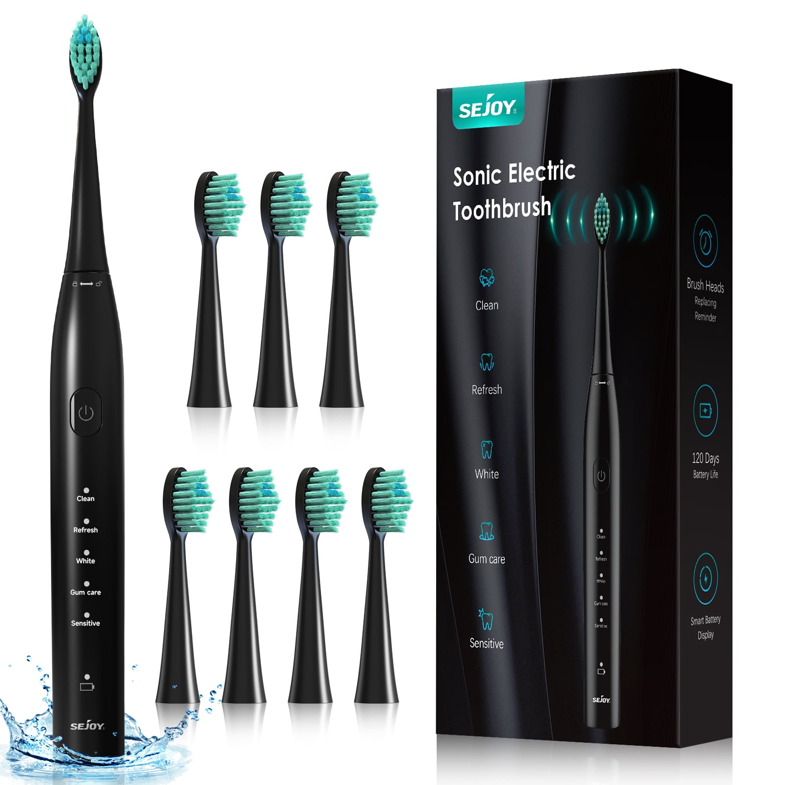 Sejoy Sonic Electric Toothbrush for Adult&Kid, 8 Brush Heads, 5 Modes ...