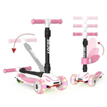 Sejoy Toddler Kick Scooter for Kids with 3 Wheel LED Lights, Extra-Wide Childrens Foldable Toy Scooter with Adjustable Handlebars & Folding Comfort Seat for Boys/ Girls, Pink