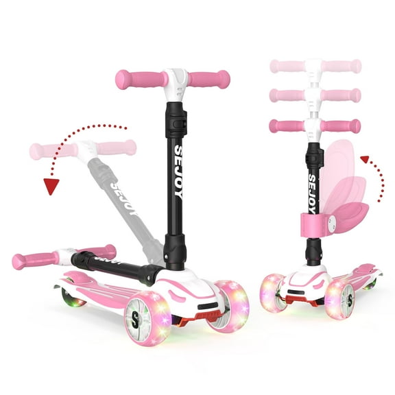 Sejoy Kids Kick Scooters 3- Wheel Light Up, Toddler Foldable Toy Scooter with Adjustable Removable Seat, Age 3+, Pink
