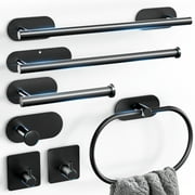 Sekaer 7-Piece Bathroom Hardware Set - Matte Black Steel, Self-Adhesive Towel Bar, Toilet Paper Holder, Towel Ring, Hooks