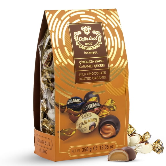 Sekerci Cafer Erol Turkish Milk Chocolate Coated Caramel Candy, Soft Buttery Center, Gourmet Halal Sweets for Gifting & Snacking, Individually Wrapped, 350g (12.35 oz) Bag