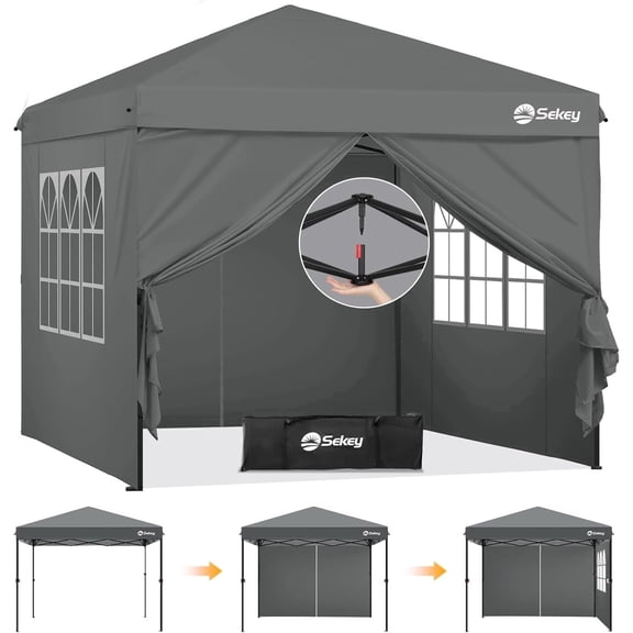 Sekey 10x10 FT Pop Up Canopy Tent, One-Click Instant Setup, Waterproof Heavy Duty Gazebo with 4 Sidewalls, Adjustable Height for Camping & Backyard,Gray