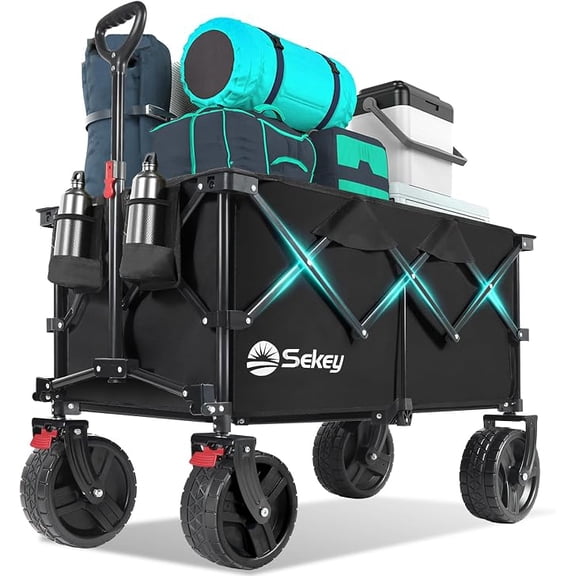 Sekey 220L Beach Wagon, 440 LB Capacity Foldable Collapsible Wagon Cart, 8 Inch Wide Tread Wheels with Brakes, 360 Degree Swivel Steering, Portable Utility Cart for Beach, Camping, Garden & Shopping