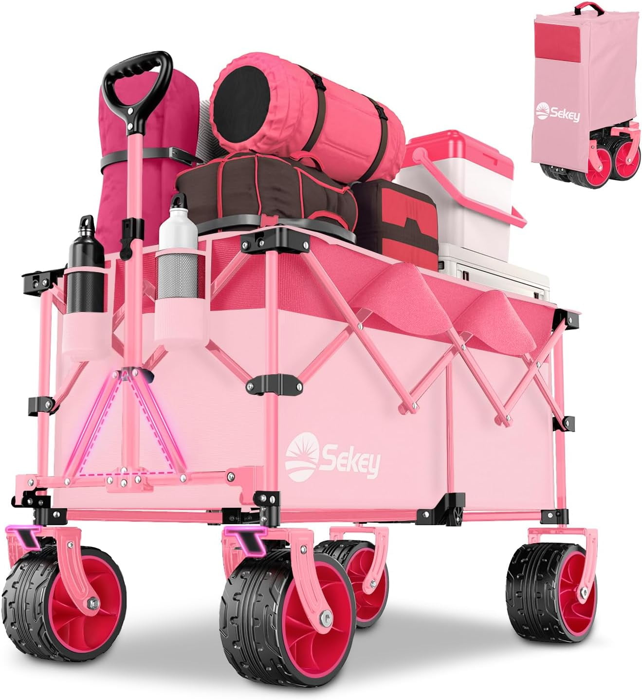 Sekey Pink Heavy Duty Folding Utility Wagon with All-Terrain Wheels