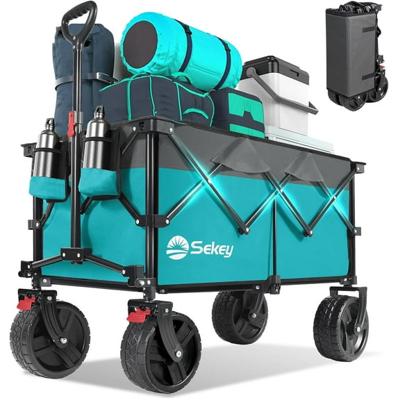 Sekey 220L Collapsible Foldable Wagon, 330lbs Weight Capacity Garden Wagon, Heavy Duty Folding Utility Beach Cart with Big All-Terrain Wheels & Drink Holders (Turquoise)