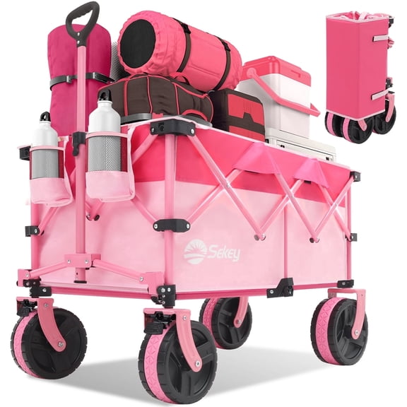 Sekey 220L Collapsible Foldable Wagon with 330lbs Weight Capacity, Heavy Duty Folding Utility Garden Cart with Big All-Terrain Beach Wheels & Drink Holders.Pink