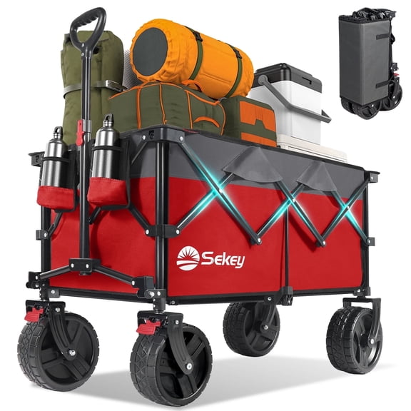 Sekey 220L Collapsible Wagon, 330lbs Heavy-Duty Folding Utility Cart with All-Terrain Wheels & Drink Holders