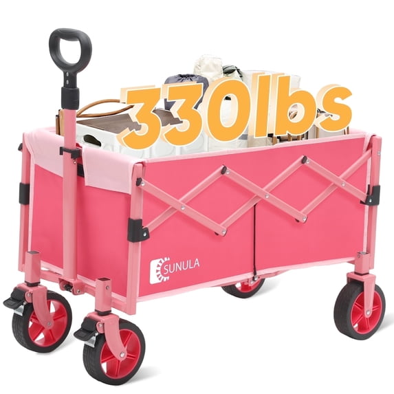 Sunula 330LBS Collapsible Foldable Wagon, 130L Large Capacity Folding Lightweight Wagon, Folding Utility Heavy Duty Cart for Garden, Shop, Grocery, Camp, Beach, Outdoor (Pink, 1 Year Warranty)