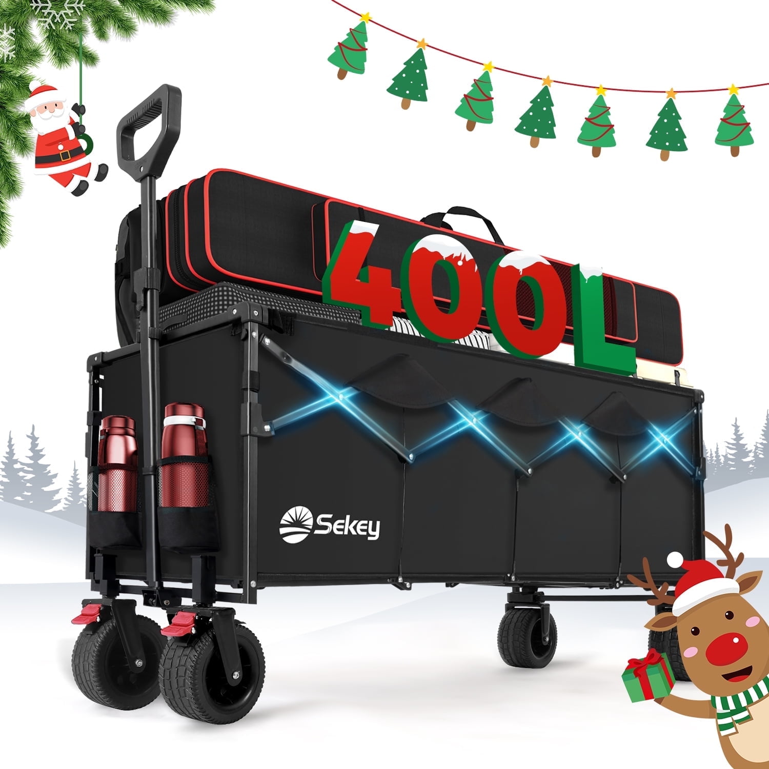 Sekey 43"L Collapsible Foldable Wagon Extended Beach Wagon with 440LBS Weight Capacity Heavy Duty Steel 400L Folding Utility Garden Cart with All-Terrain Beach Wheel & Drink Holder for Camping. Black