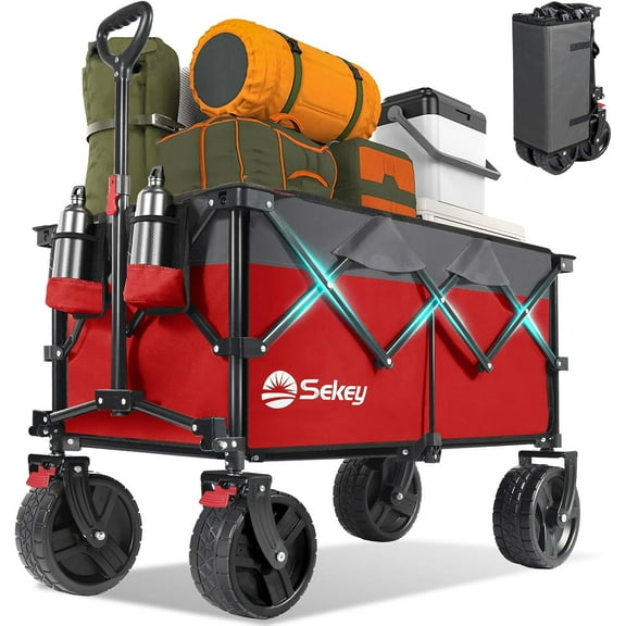 Sekey 300L Foldable Wagon Cart with 330lbs Weight Capacity, Heavy Duty Folding Collapsible Wagon with Big All-Terrain Beach Wheels & Drink Holders for Outdoor (Red)