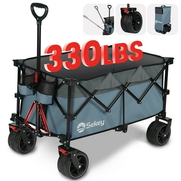 Sekey 300L Foldable Wagon Cart with 330lbs Weight Capacity, Heavy Duty Folding Collapsible Wagon with Big All-Terrain Beach Wheels & Drink Holders (Blue)