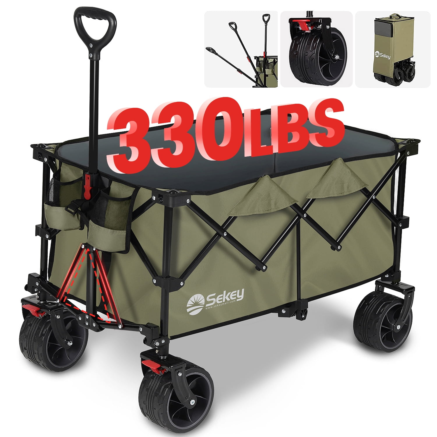 Khaki Heavy Duty Foldable Wagon with Metal Frame and Pneumatic Wheels