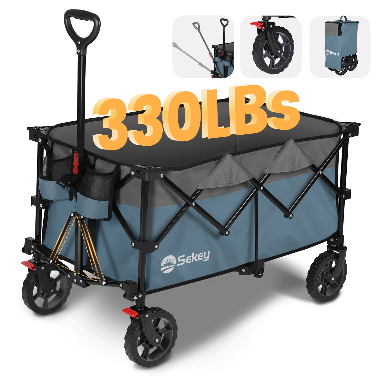 Blue and Gray Heavy Duty Collapsible Outdoor Wagon with Metal Frame