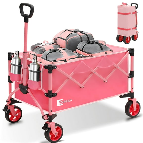 Sunula 330LBS Collapsible Foldable Wagon with 300L Large Capacity Pink Folding Beach Wagon Cart Heavy Duty Utility 600D Oxford Fabric Cart with All Terrain Wheel for Garden Sport Camp Shop, Pink