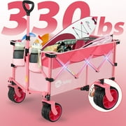 Sekey 330lbs 220L Collapsible Beach Wagon Foldable Wagon Cart Heavy Duty Fold Utility Cart Wagon with Big All-Terrain Wheels Grocery Wagon for Camp Garden Shop, Pink