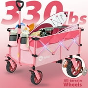 Sekey 330lbs Beach Wagon Cart 220L Collapsible Wagon Heavy Duty Foldable Wagon Portable Wagon Cart with Big Wheel for Garden, Camping, Shopping (Pink)