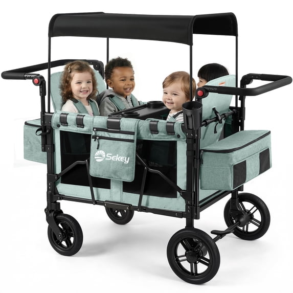 Sekey 4 Seater Stroller Wagon for Kids,Adjustable Push Handles, Removable Canopy, Snack Tray & Cooler