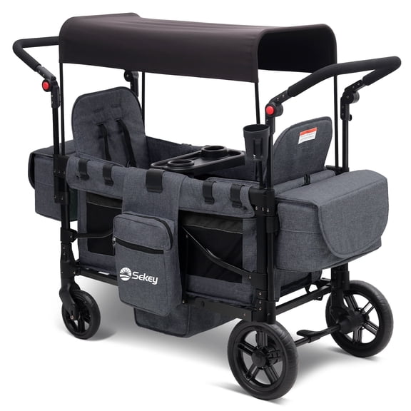 Sekey 4-in-1 Multi-Function Transport Wagon Cart with Removable Canopy, Heavy-Duty Folding Collapsible Wagon with All-Terrain Wheels, Foldable Utility Cart with Table. Black