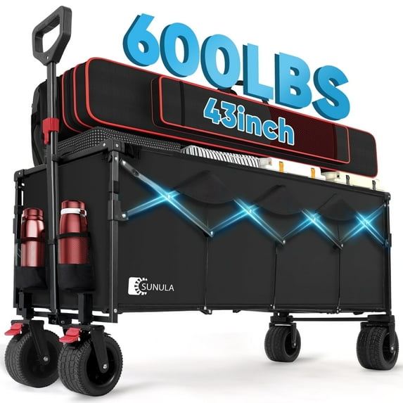 Sunula 600LBS 43"L Collapsible Foldable Wagon Extended Beach Wagon with Weight Capacity Heavy Duty Steel 400L Folding Utility Garden Cart with All-Terrain Beach Wheel & Drink Holder for Camping.Black