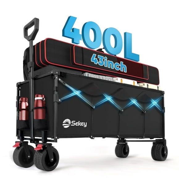 Sekey 43"L Collapsible Foldable Wagon Extended Beach Wagon with 440LBS Weight Capacity Heavy Duty Steel 400L Folding Utility Garden Cart with All-Terrain Beach Wheel & Drink Holder for Camping. Black