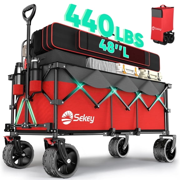 Sekey 48''L Collapsible Foldable Extended Wagon with 440lbs Weight Capacity, Heavy Duty 300L Folding Utility Garden Cart with Big All-Terrain Beach Wheels & Drink Holders. Red&Grey