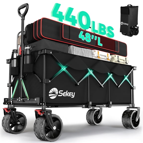 Sekey 48''L Collapsible Foldable Extended Wagon with 440lbs Weight Capacity, Heavy Duty 300L Folding Utility Garden Cart with Big All-Terrain Beach Wheels & Drink Holders. Black