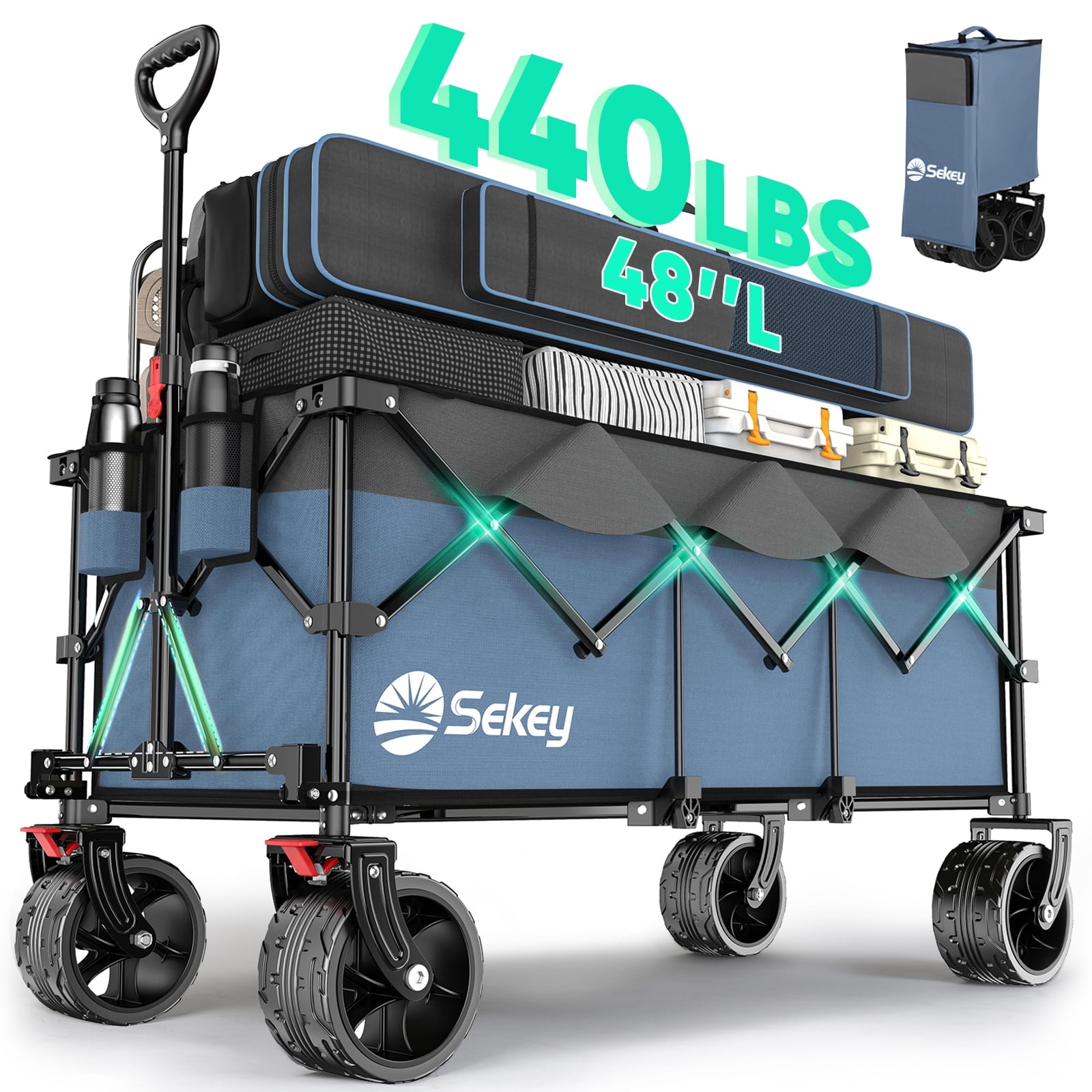 Sekey 48" Collapsible Wagon, 300L Heavy-Duty Cart with 440lbs Capacity, All-Terrain Wheels & Drink Holders,Blue