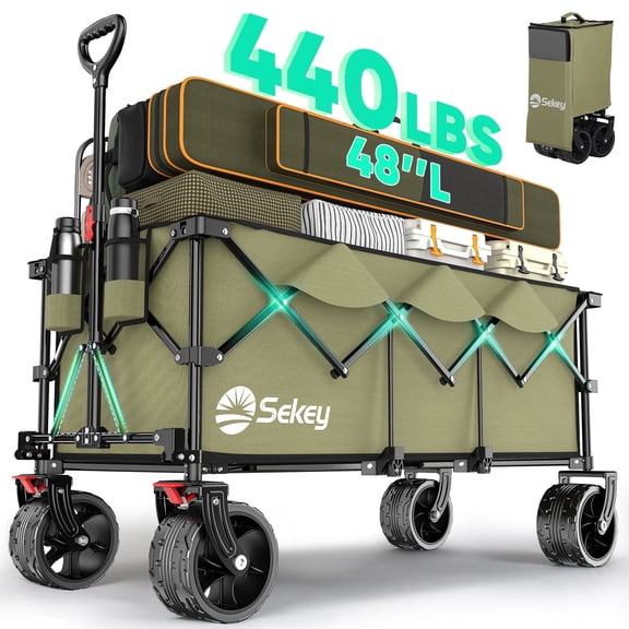 Sekey 48" Collapsible Wagon, 300L Heavy-Duty Cart with 440lbs Capacity, All-Terrain Wheels & Drink Holders,Khaki