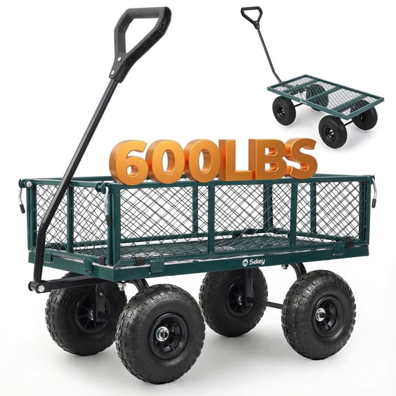 Sekey 600 lbs Steel Mesh Garden Cart, Removable Sides Convertible Flatbed, 10" Rubber Tires, Green