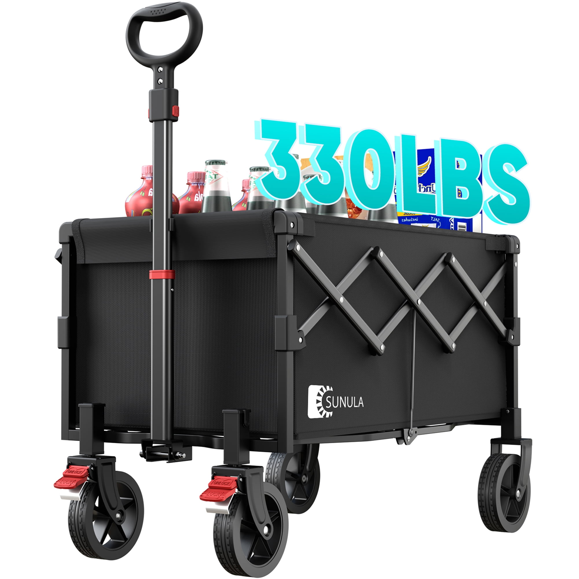 Sekey 330LBS Collapsible Foldable Wagon Cart with Brake Wheels, Large Capacity Folding Beach Lightweight Heavy Duty Utility Garden Grocery Wagon and Cart for Camping Shopping, Black 1 Year Warranty