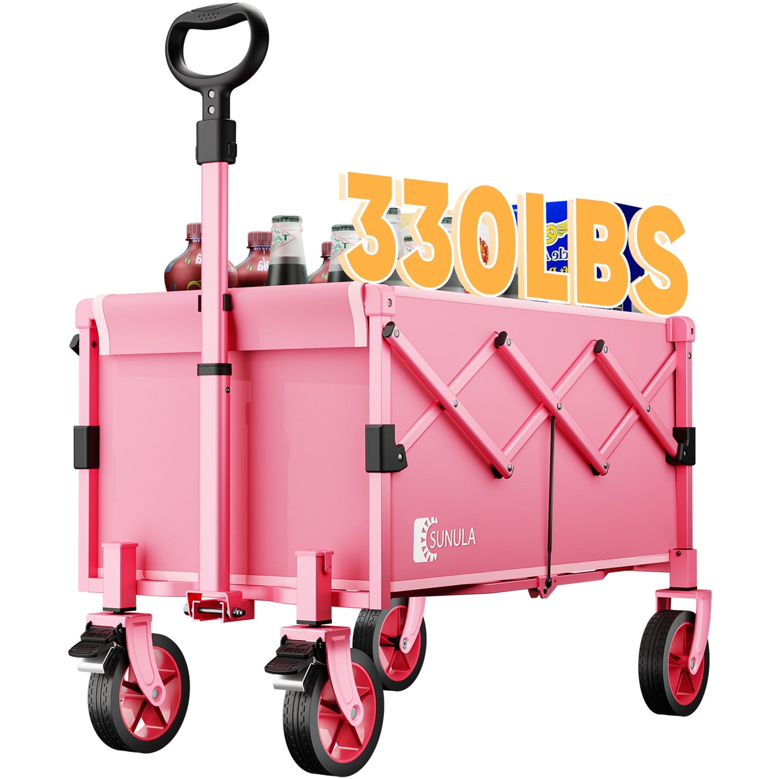 Sekey 330LBS Collapsible Foldable Wagon Cart with Brake Wheels Large Capacity Folding Beach Pink Lightweight Heavy Duty Utility Garden Grocery Wagon and Cart for Camping Shopping, 1 Year Warranty