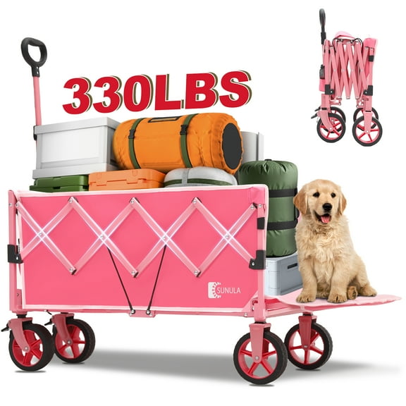 Sunula 330LBS Collapsible Foldable Wagon with Extended Tailgate 43"L Extra Long Folding Beach Wagon Heavy Duty Lightweight Cart with Wheel, Brakes, 2 Cup Holders for Grocery, Garden, Shop, Camp. Pink