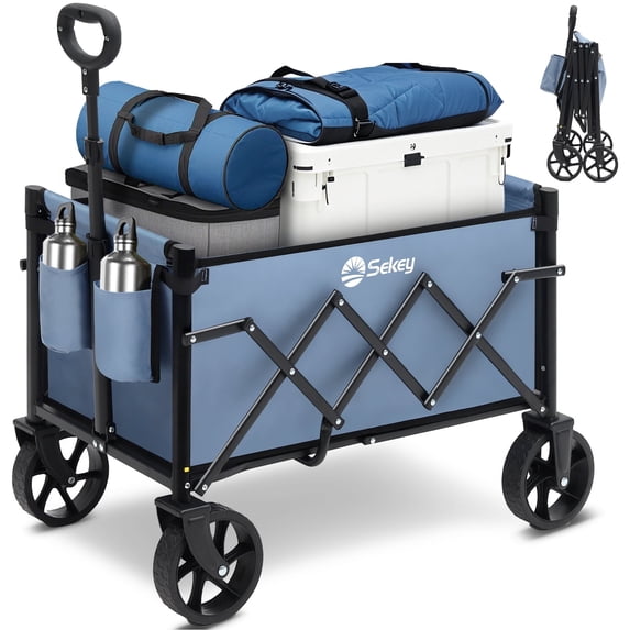 Sekey Heavy Duty Wagon with Big Wheels, Foldable Cart with 220LBS Capacity, Utility Lightweight Wagon, Collapsible Grocery Shopping Cart for Camping Sports & Holiday. Blue