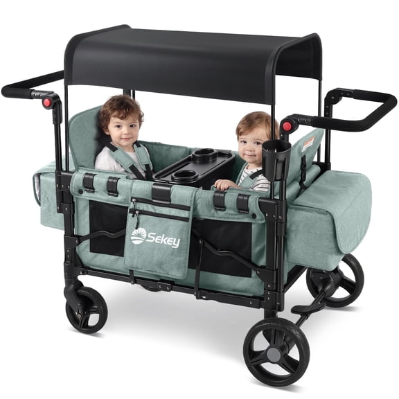 Sekey Wagon Stroller Luxury 4-in-1 Stroller Wagon with Convertible Seats, Adjustable Push Handles, Removable Canopy, Snack Tray & Cooler